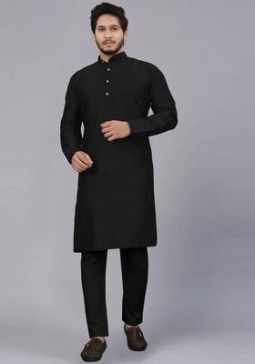 Black Printed Cotton Kurta Set For Men