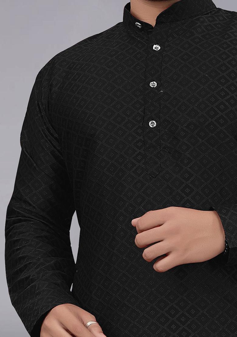 Black Printed Cotton Kurta Set For Men - Indya
