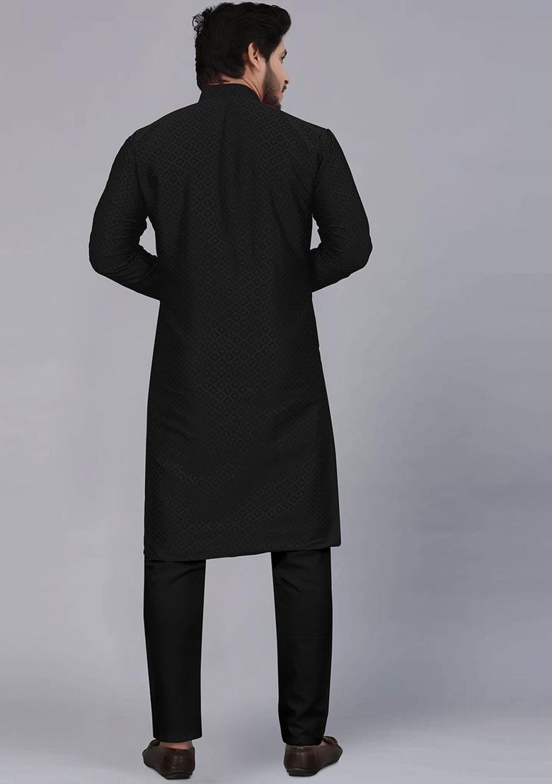 Black Printed Cotton Kurta Set For Men - Indya