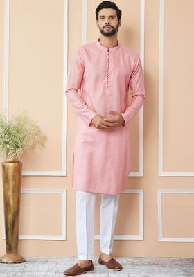 Pink Embroidered Silk Kurta Set For Men