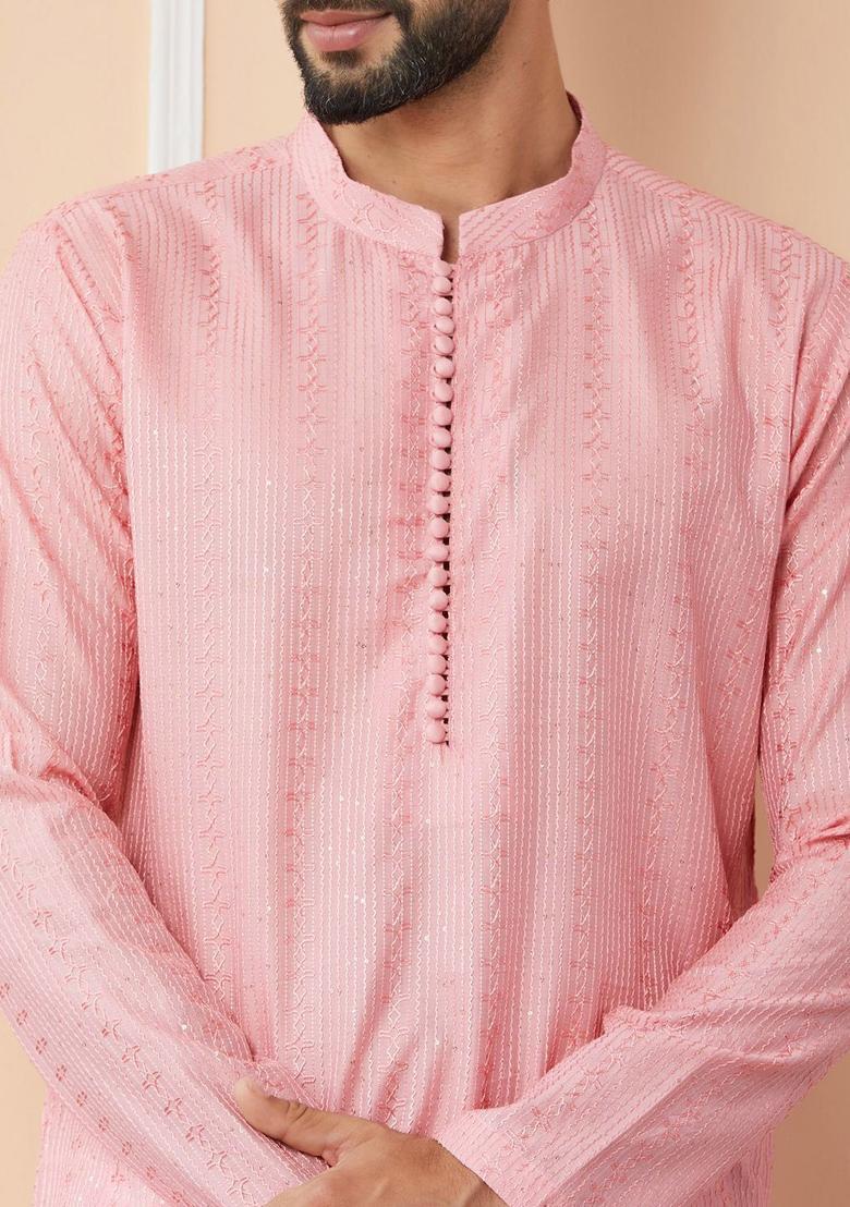 Pink Embroidered Silk Kurta Set For Men - Indya