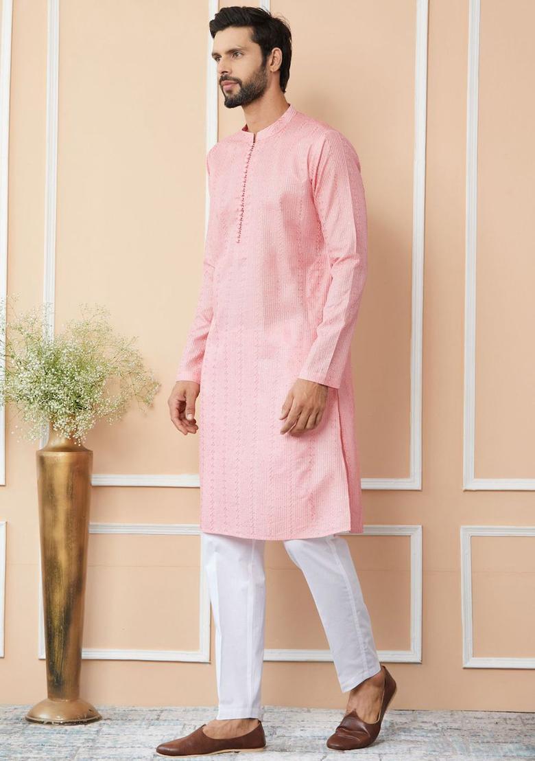 Pink Embroidered Silk Kurta Set For Men - Indya