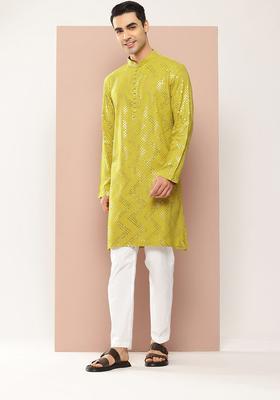 Lime Green Embroidered Viscose Kurta Set For Men