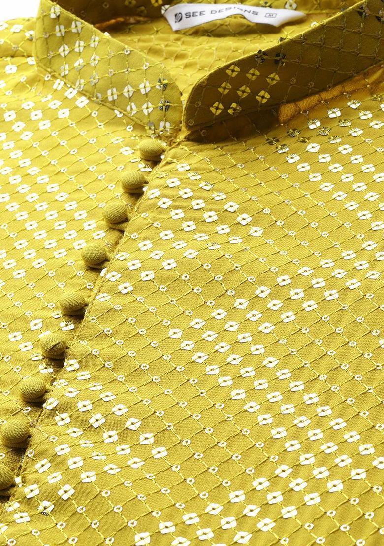 Lime Green Embroidered Viscose Kurta Set For Men - Indya