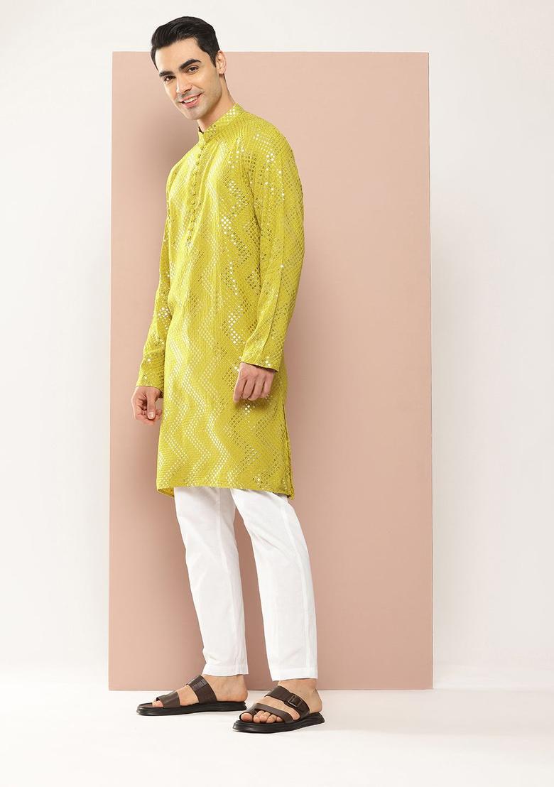 Lime Green Embroidered Viscose Kurta Set For Men - Indya