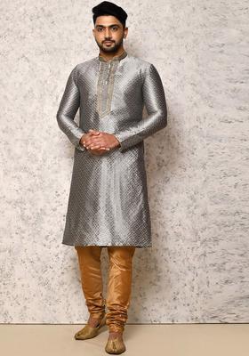 Grey Woven Design Silk Kurta Set For Men
