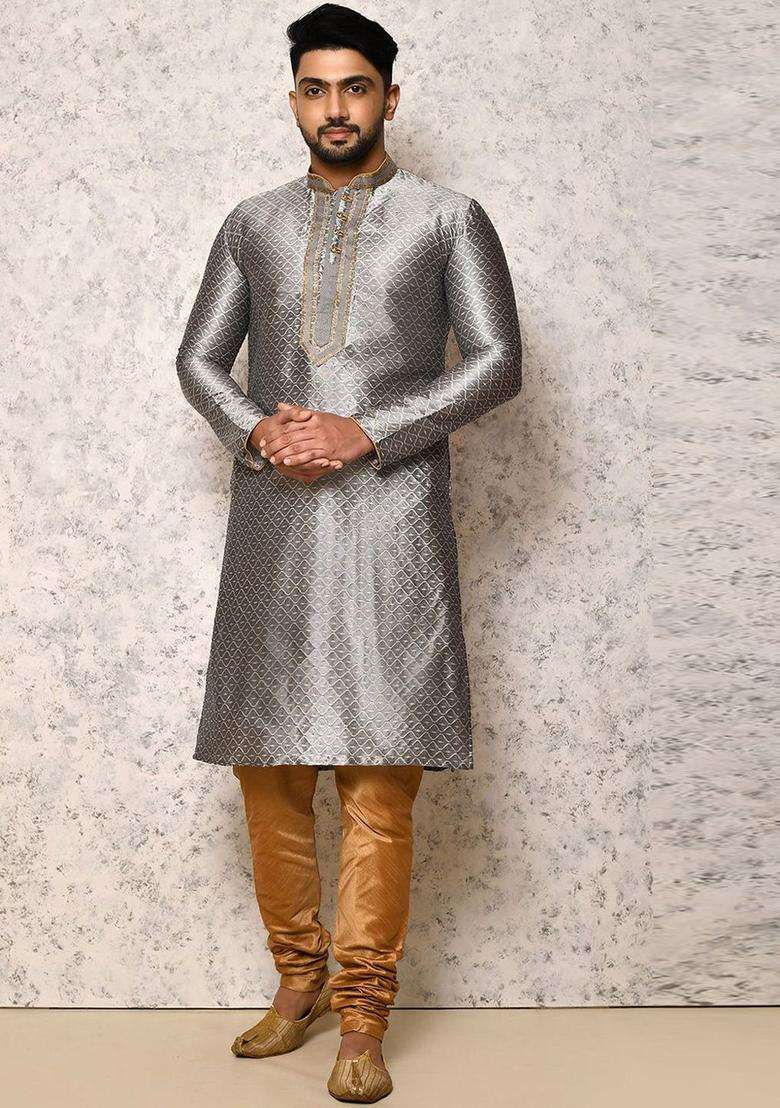 Grey Woven Design Silk Blend Kurta Set For Men - Indya