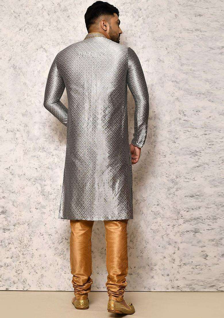 Grey Woven Design Silk Blend Kurta Set For Men - Indya
