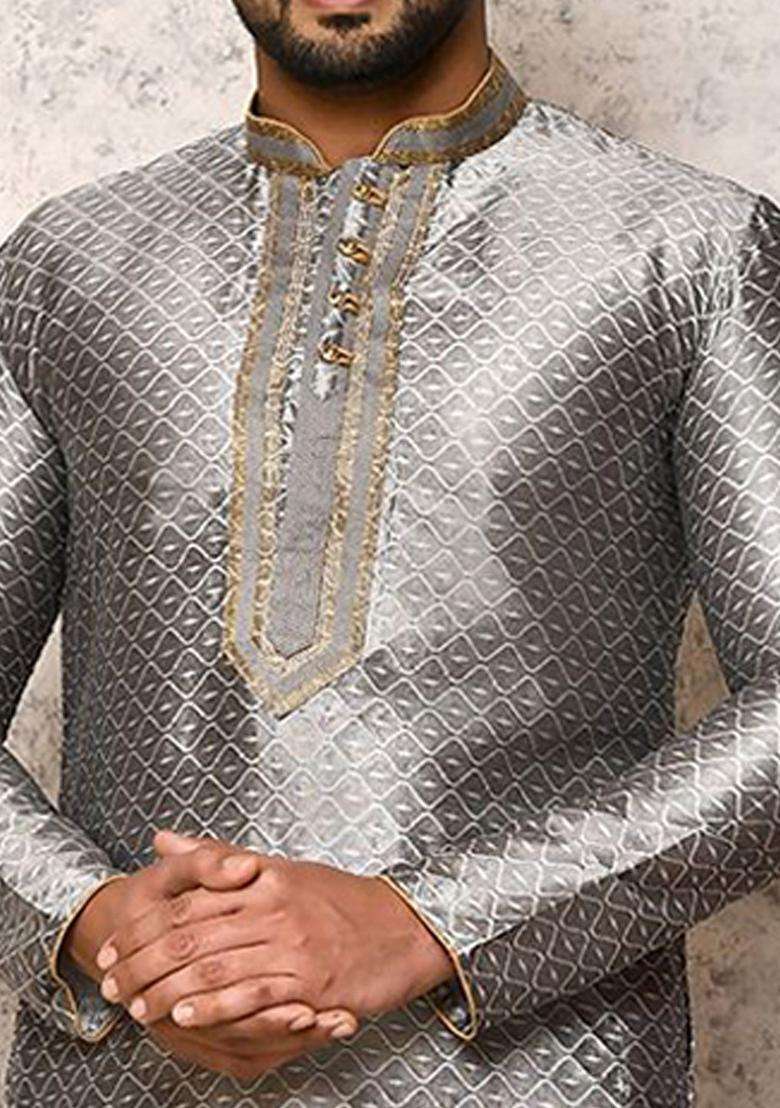 Grey Woven Design Silk Blend Kurta Set For Men - Indya