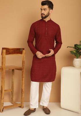 Maroon Embroidered Cotton Kurta Set For Men