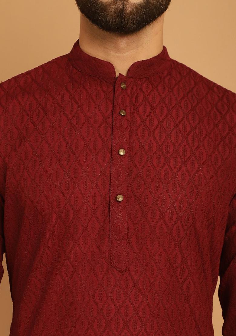 Maroon Embroidered Cotton Kurta Set For Men - Indya