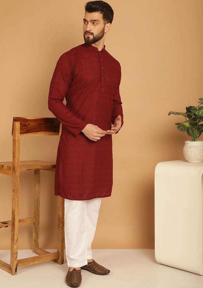 Maroon Embroidered Cotton Kurta Set For Men - Indya