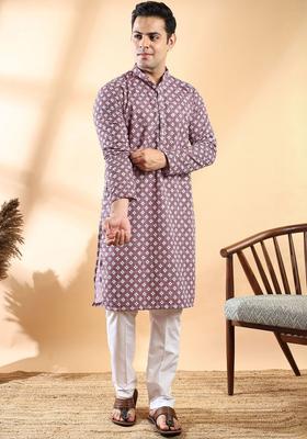 Purple Printed Cotton Kurta Set For Men