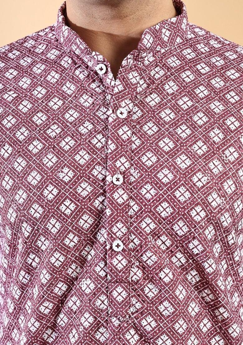 Purple Printed Cotton Kurta Set For Men - Indya