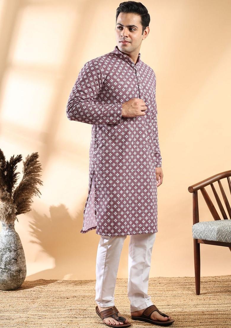 Purple Printed Cotton Kurta Set For Men - Indya