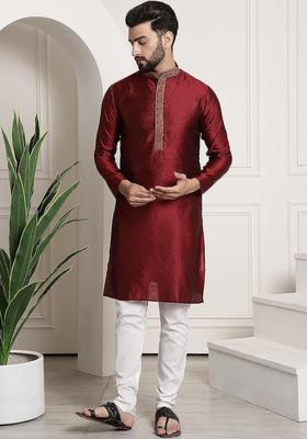 Maroon Woven Design Cotton Kurta Set For Men