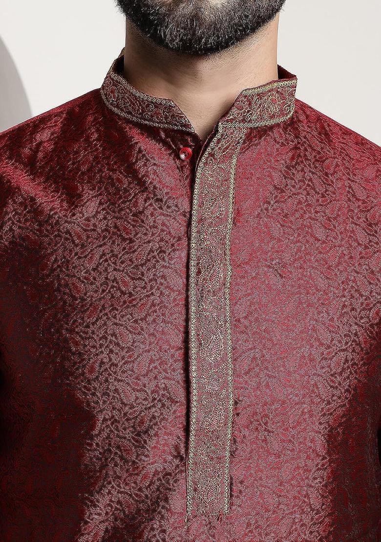 Maroon Woven Design Cotton Kurta Set For Men - Indya
