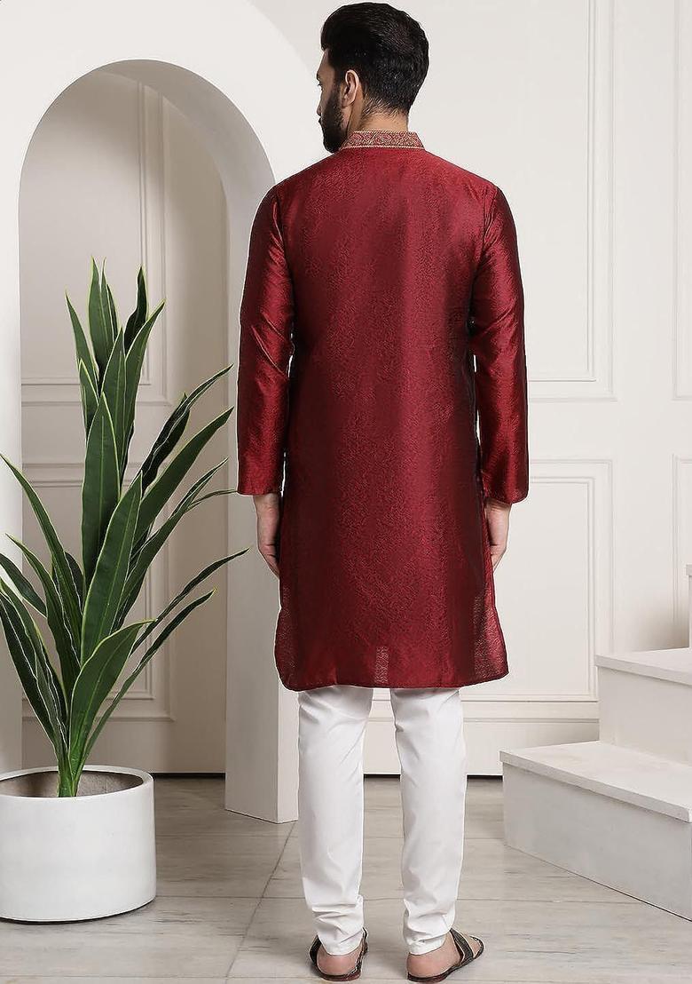 Maroon Woven Design Cotton Kurta Set For Men - Indya