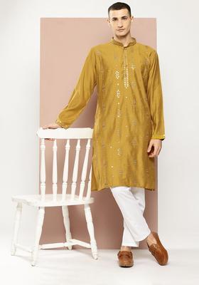 Mustard Embroidered Viscose Kurta Set For Men