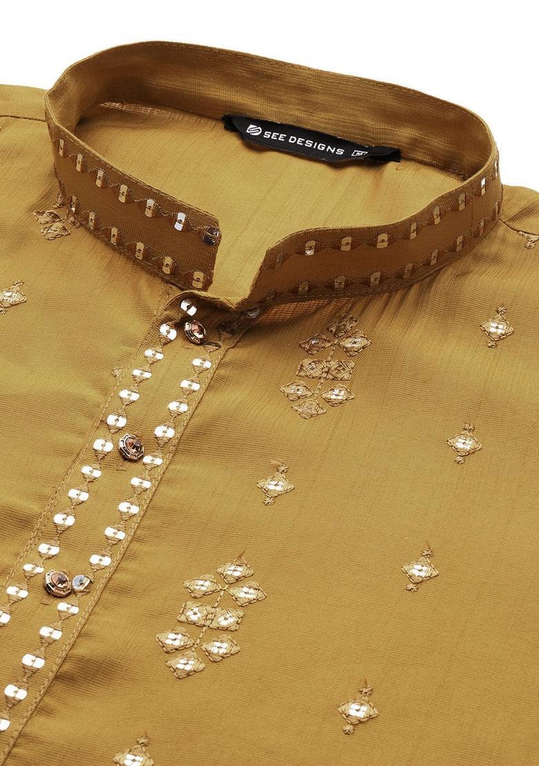 Mustard Embroidered Viscose Kurta Set For Men - Indya