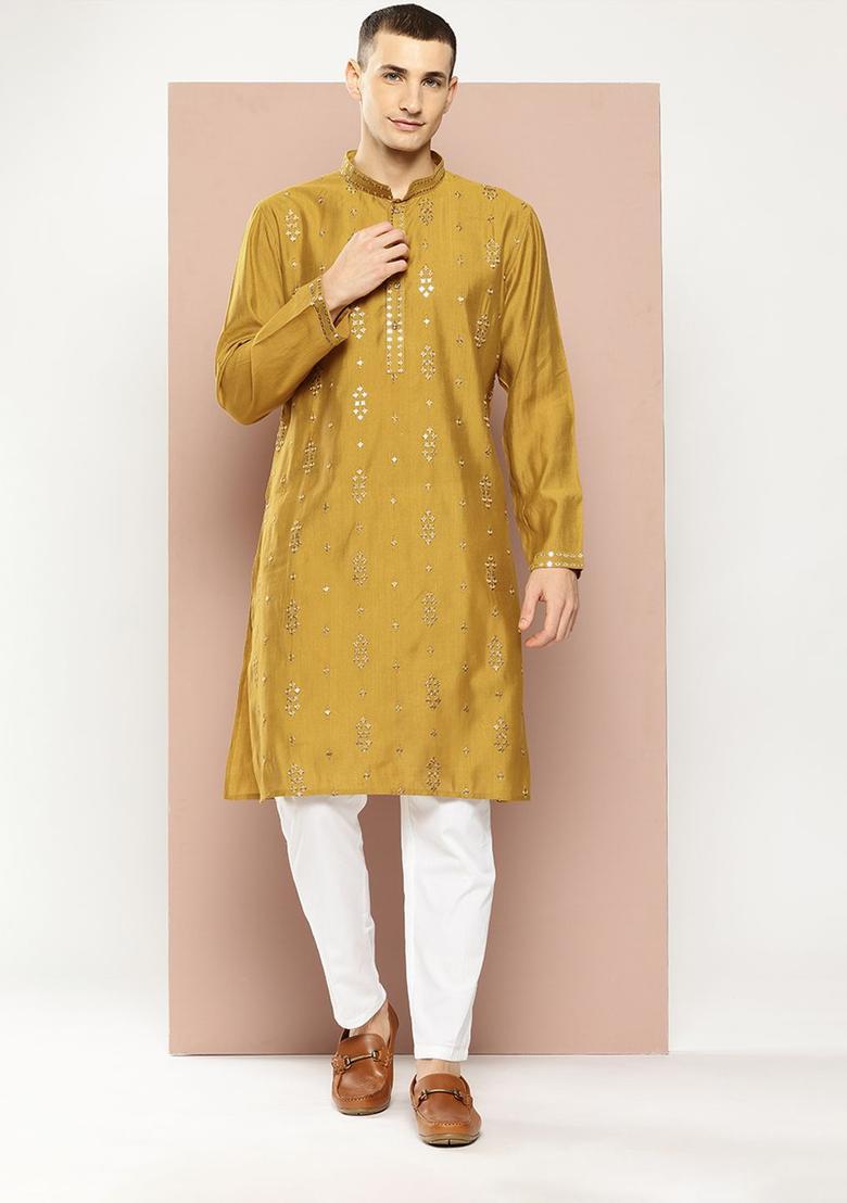 Mustard Embroidered Viscose Kurta Set For Men - Indya