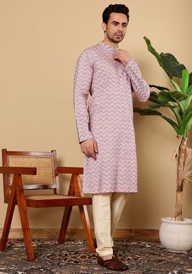 Pink Embroidered Cotton Kurta Set For Men