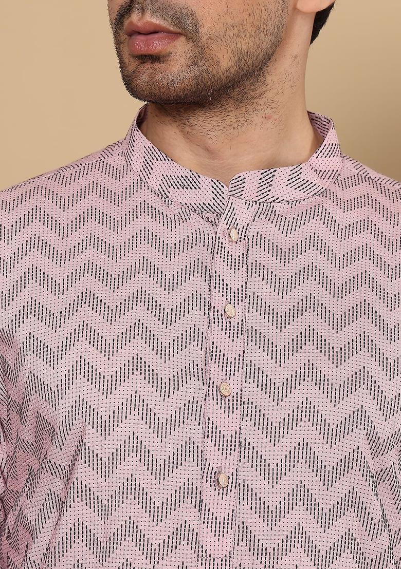 Pink Embroidered Cotton Kurta Set For Men - Indya