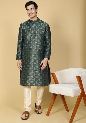 Green Woven Design Cotton Kurta Set For Men