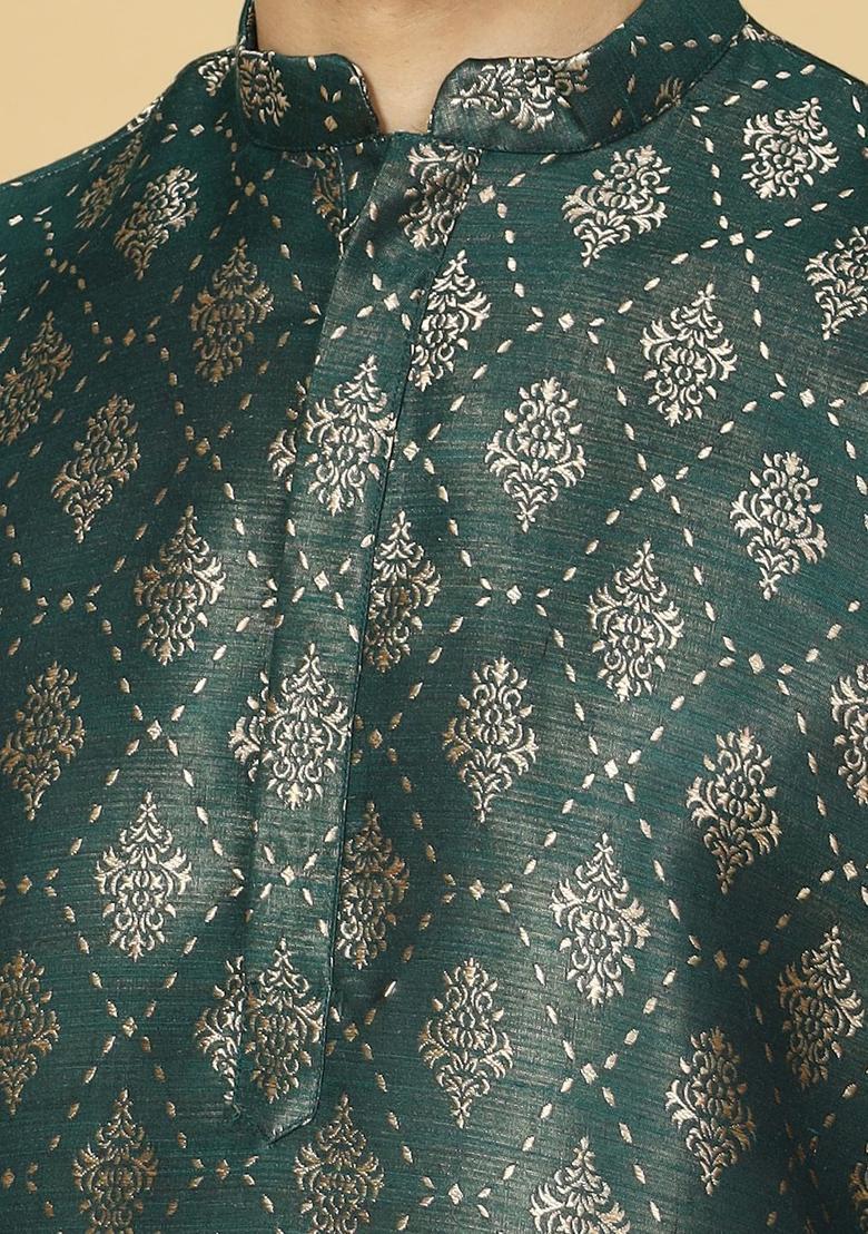 Green Woven Design Cotton Kurta Set For Men - Indya