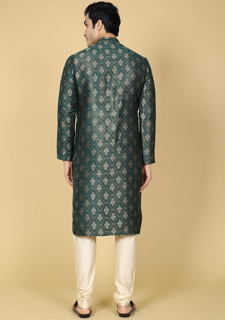 Green Woven Design Cotton Kurta Set For Men - Indya