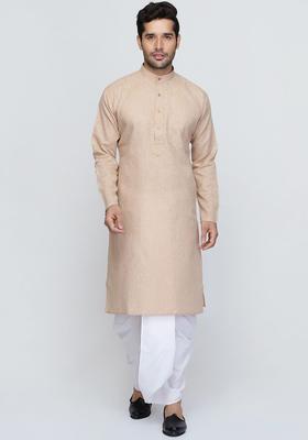 Beige Solid Cotton Kurta Set For Men