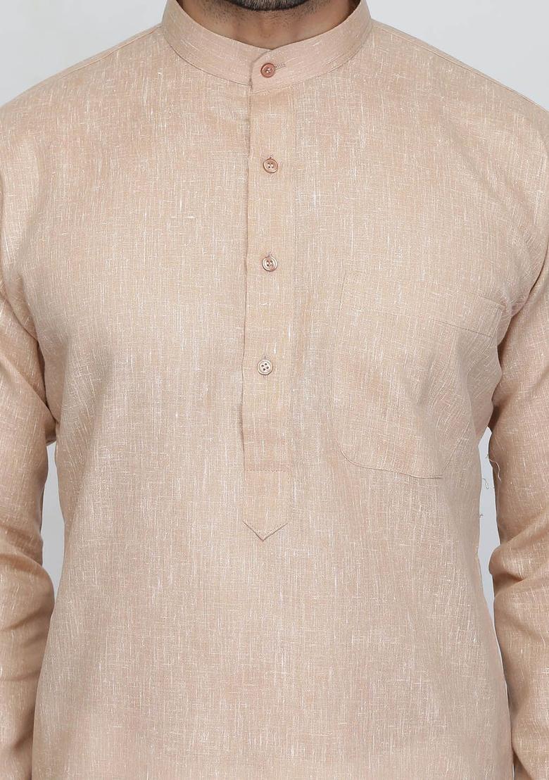 Beige Solid Cotton Kurta Set For Men - Indya