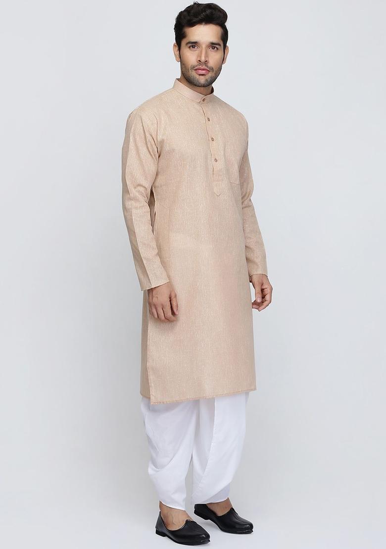 Beige Solid Cotton Kurta Set For Men - Indya
