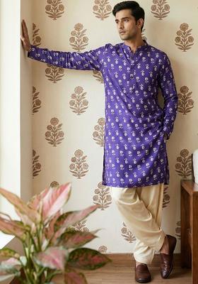 Purple Printed Cotton Kurta Set For Men