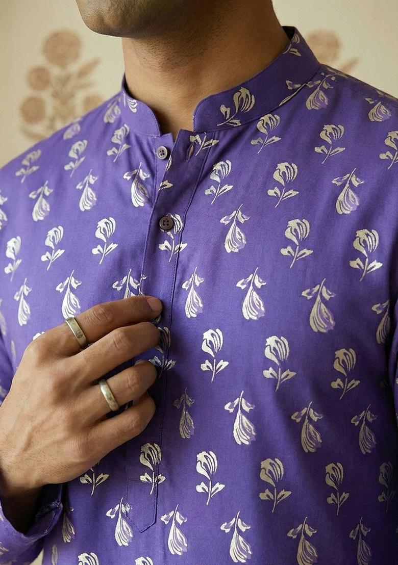 Purple Printed Cotton Kurta Set For Men - Indya