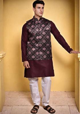 Purple Solid Cotton Kurta Set For Men
