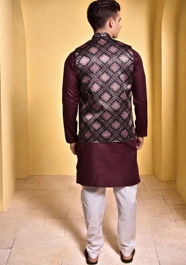 Purple Solid Cotton Kurta Set For Men - Indya