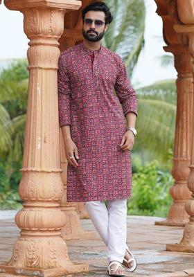 Red Printed Silk Kurta Set For Men