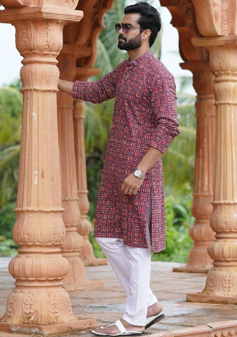 Red Printed Silk Kurta Set For Men - Indya