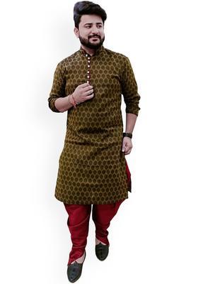 Black Printed Cotton Kurta Set For Men