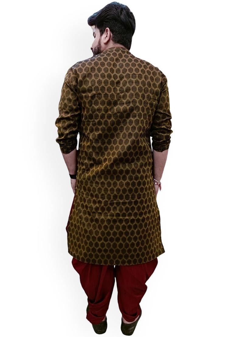 Black Printed Cotton Kurta Set For Men - Indya