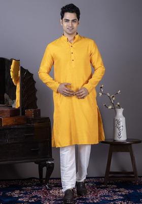 Yellow Woven Design Silk Kurta Set For Men
