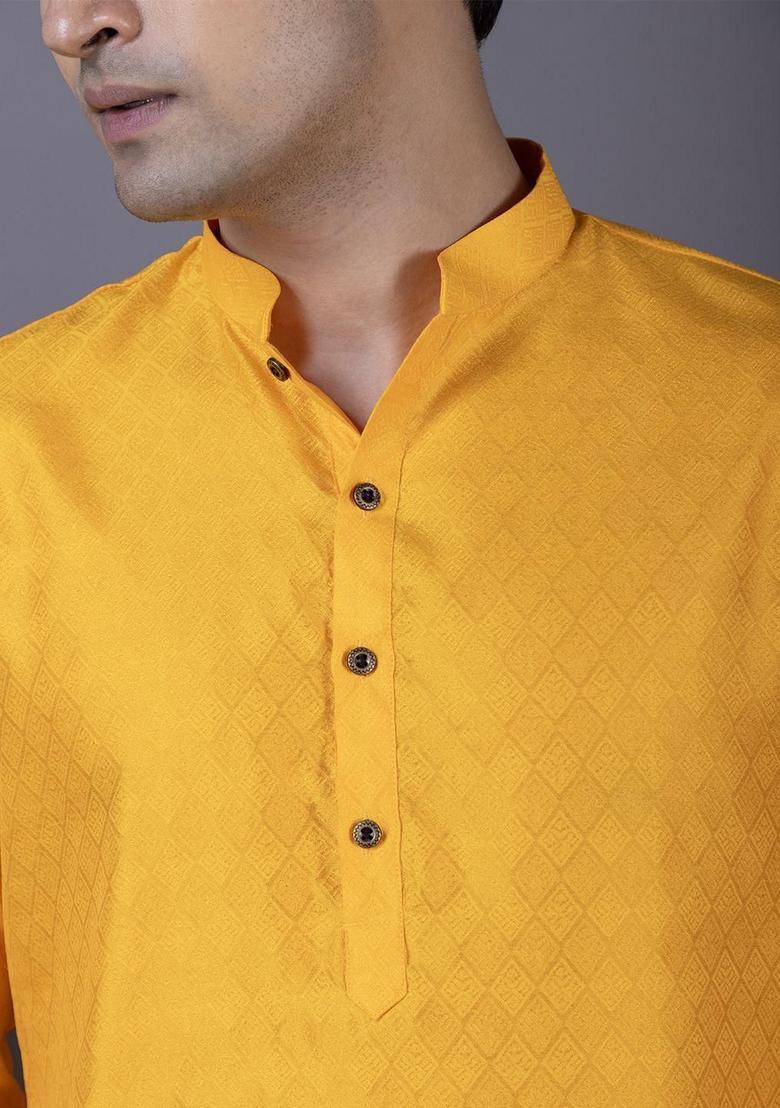 Yellow Woven Design Silk Kurta Set For Men - Indya