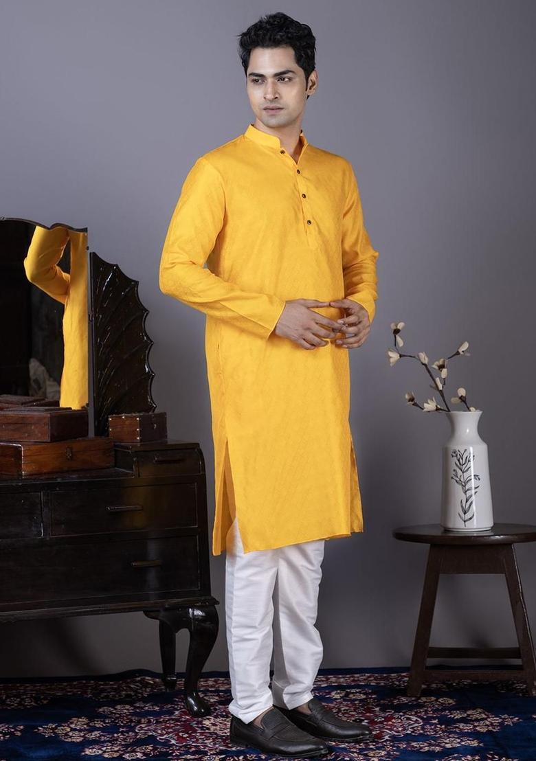 Yellow Woven Design Silk Kurta Set For Men - Indya