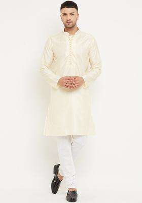 Cream Self Design Silk Kurta Set For Men