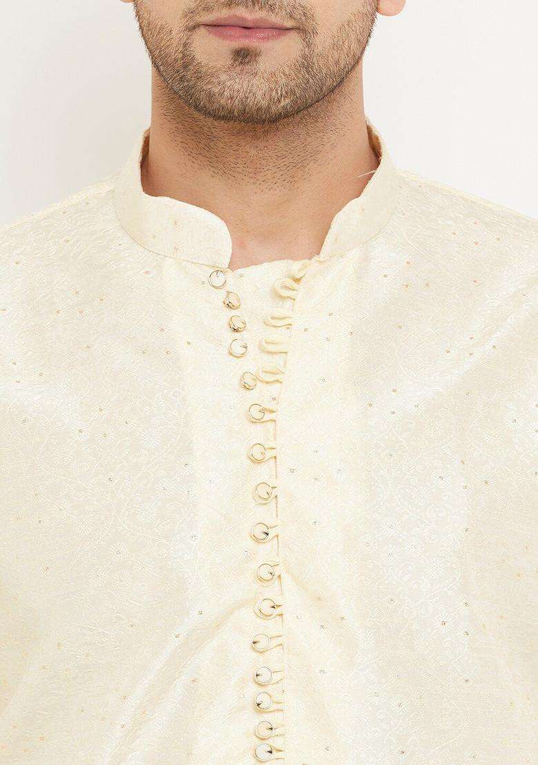 Cream Self Design Silk Kurta Set For Men - Indya