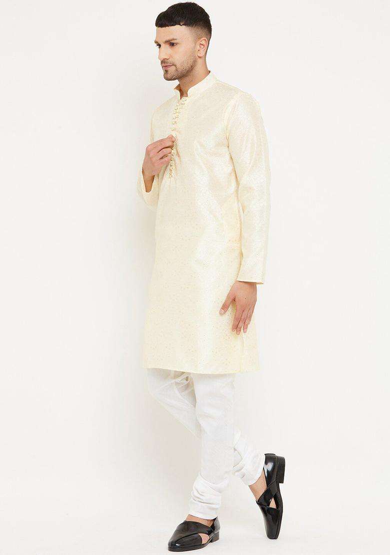 Cream Self Design Silk Kurta Set For Men - Indya