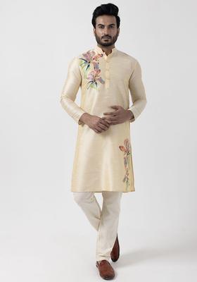 Beige Printed Silk Blend Kurta Set For Men