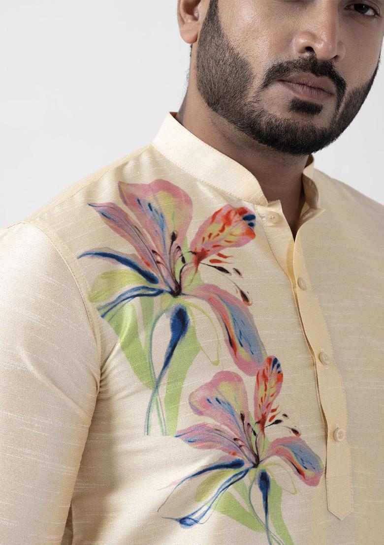 Beige Printed Silk Kurta Set For Men - Indya