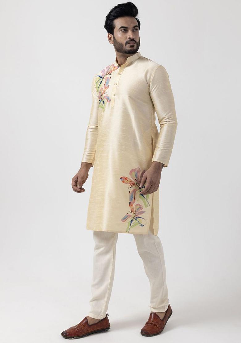 Beige Printed Silk Kurta Set For Men - Indya